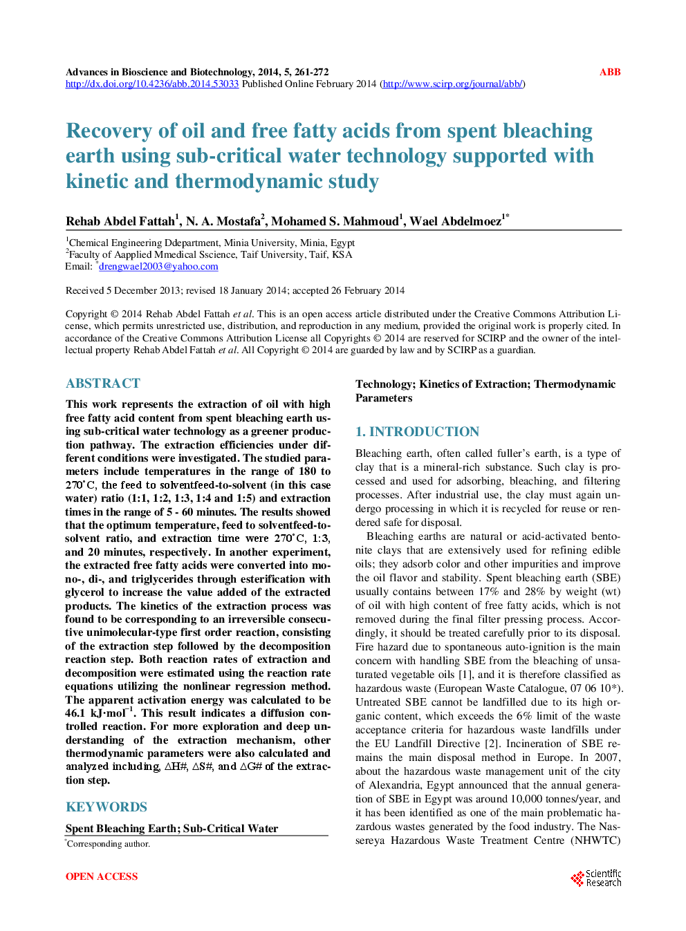 Recovery Of Oil And Free Fatty Acids From Spent Bleaching Earth Using Sub-Critical Water Technology Supported With Kinetic And Thermodynamic Study - Page 2