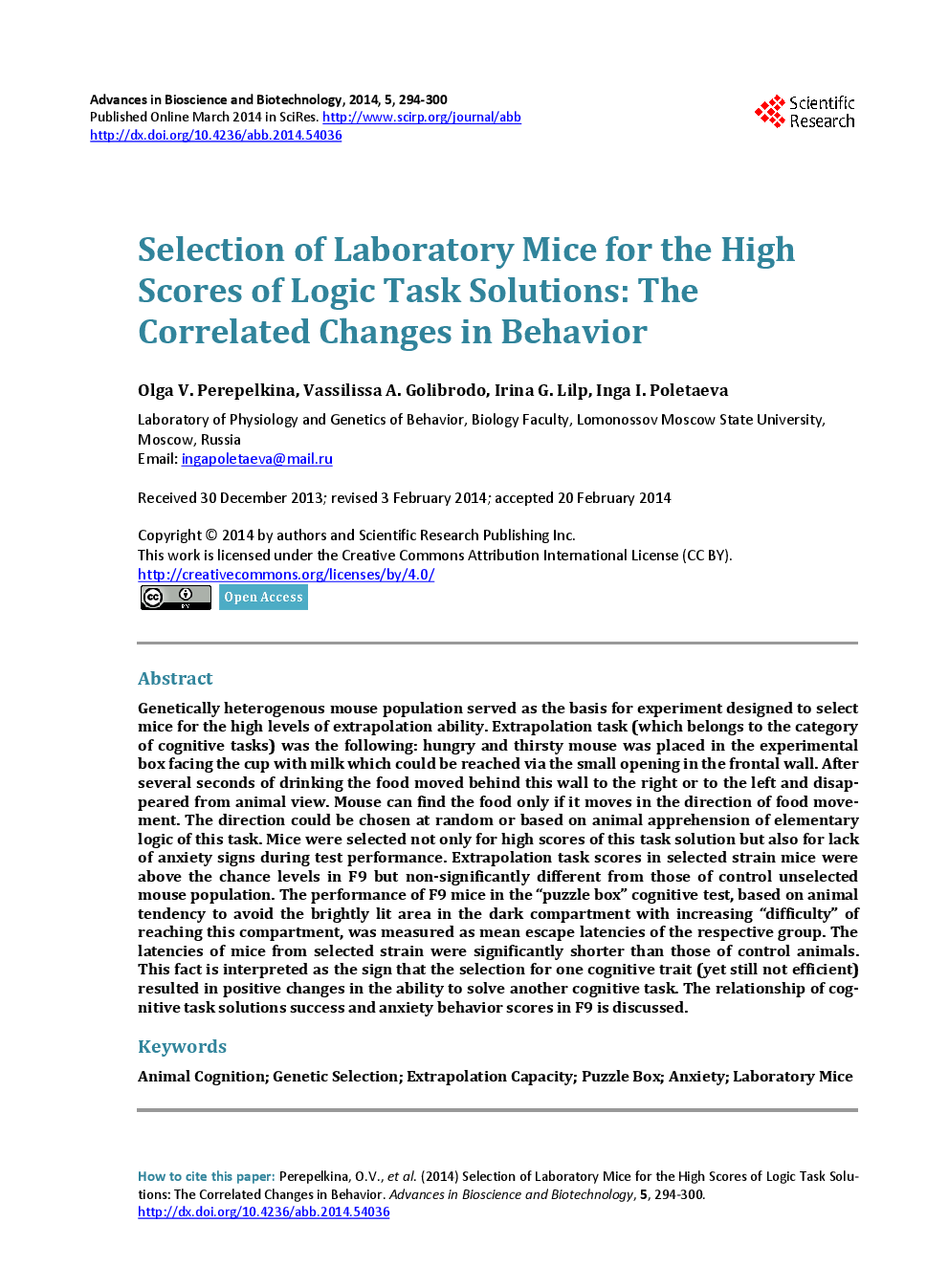 Selection Of Laboratory Mice For The High Scores Of Logic Task Solutions: The Correlated Changes In Behavior - Page 2