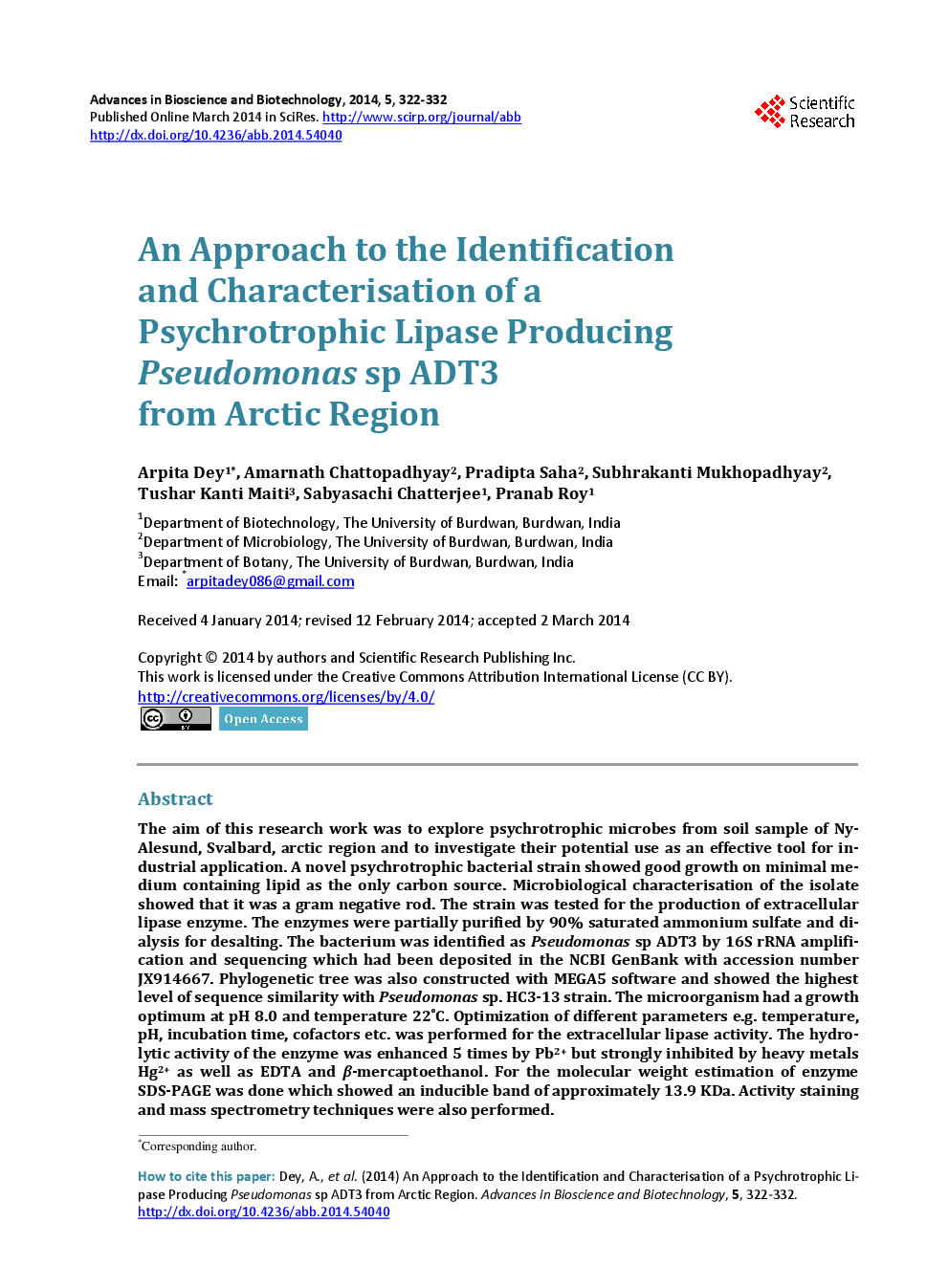 An Approach To The Identification And Characterisation Of A Psychrotrophic Lipase Producing Pseudomonas Sp ADT3 From Arctic Region - Page 2