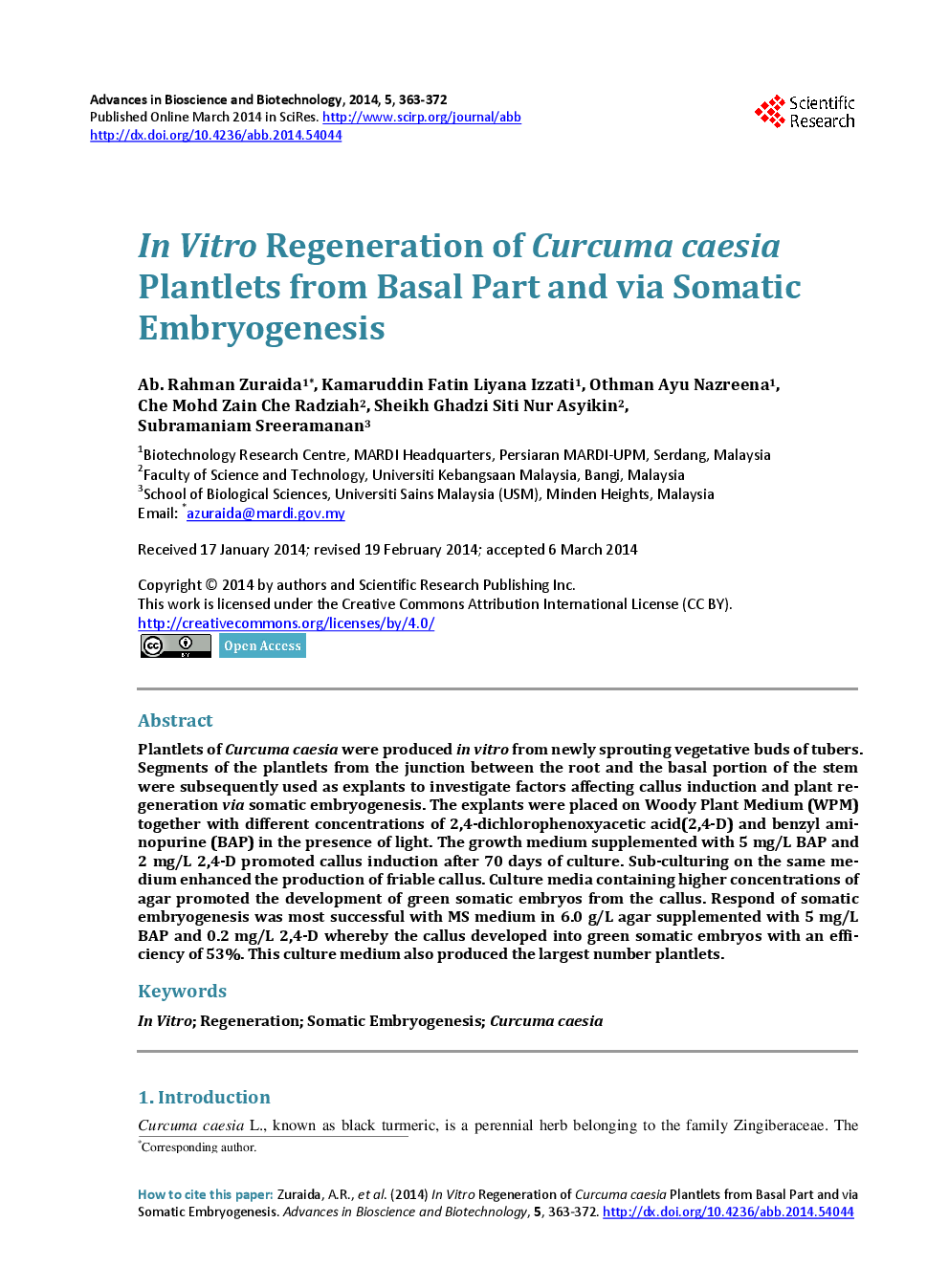 In Vitro Regeneration Of Curcuma Caesia Plantlets From Basal Part And Via Somatic Embryogenesis - Page 2