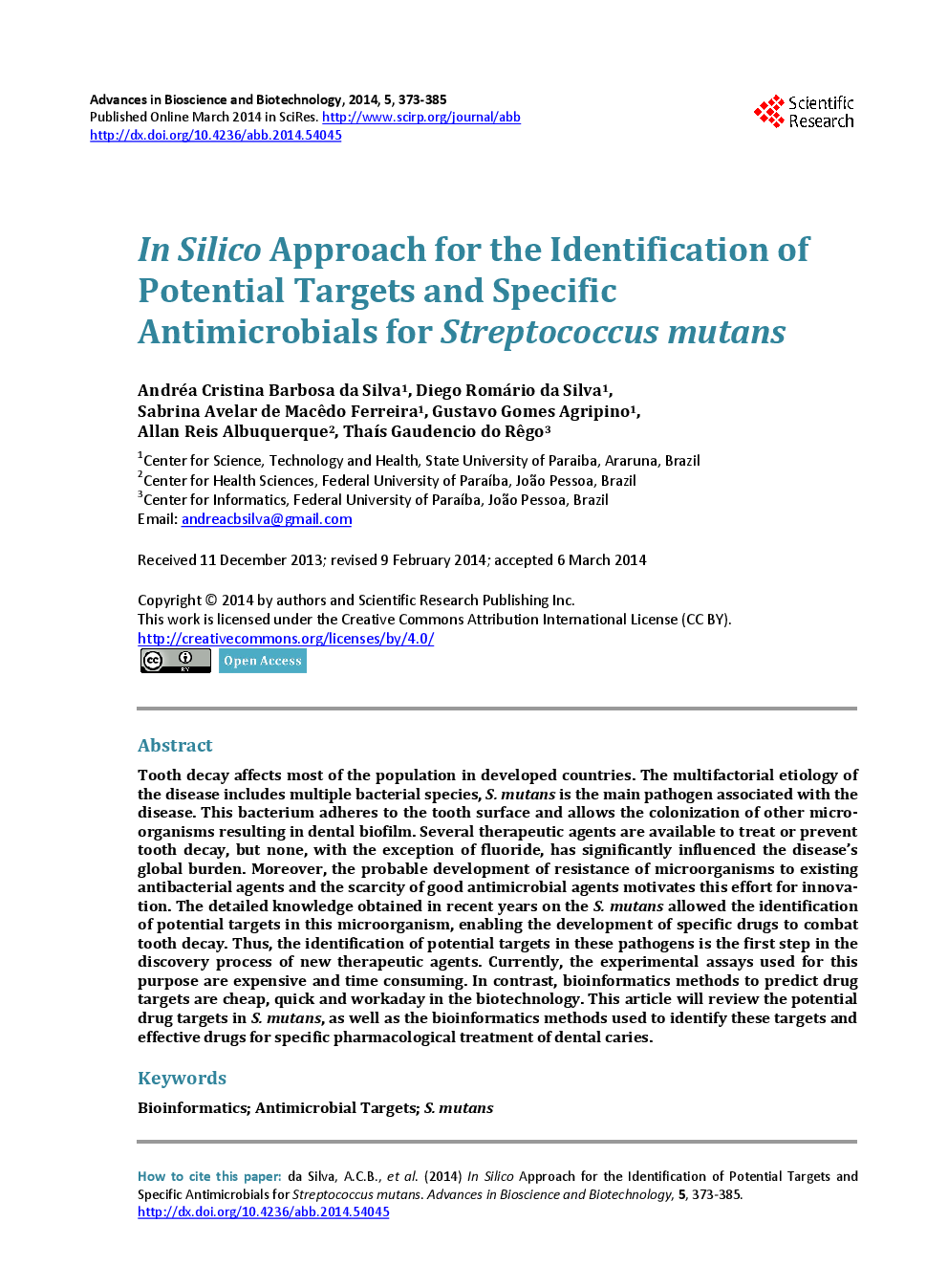 In Silico Approach For The Identification Of Potential Targets And Specific Antimicrobials For Streptococcus Mutans - Page 2