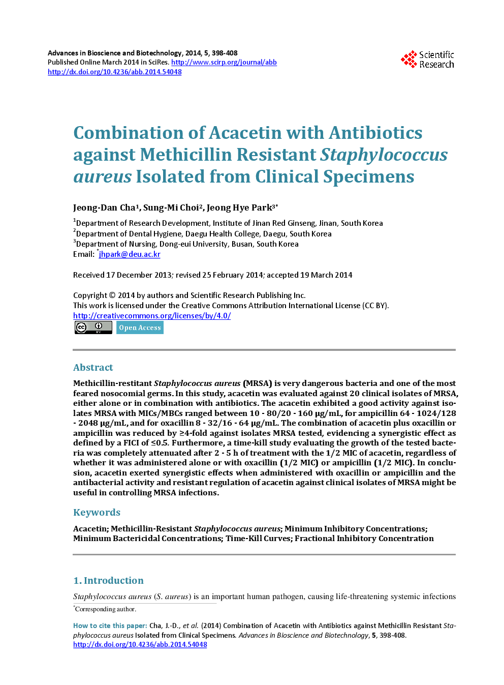 Combination Of Acacetin With Antibiotics Against Methicillin Resistant Staphylococcus Aureus Isolated From Clinical Specimens - Page 2