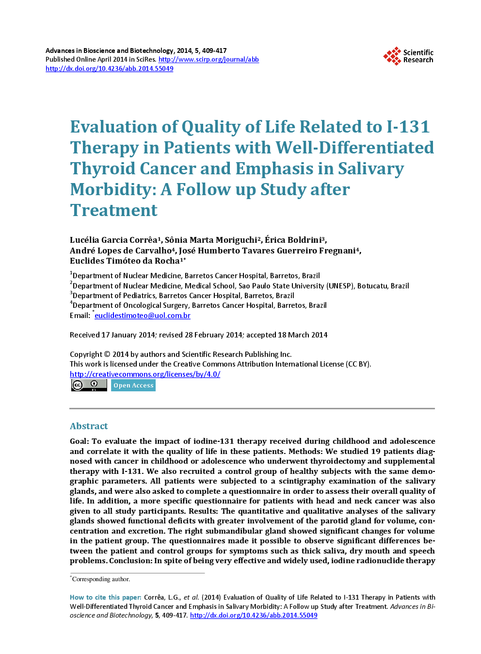 Evaluation Of Quality Of Life Related To I-131 Therapy In Patients With Well-Differentiated Thyroid Cancer And Emphasis In Salivary Morbidity: A Follow Up Study After Treatment - Page 2