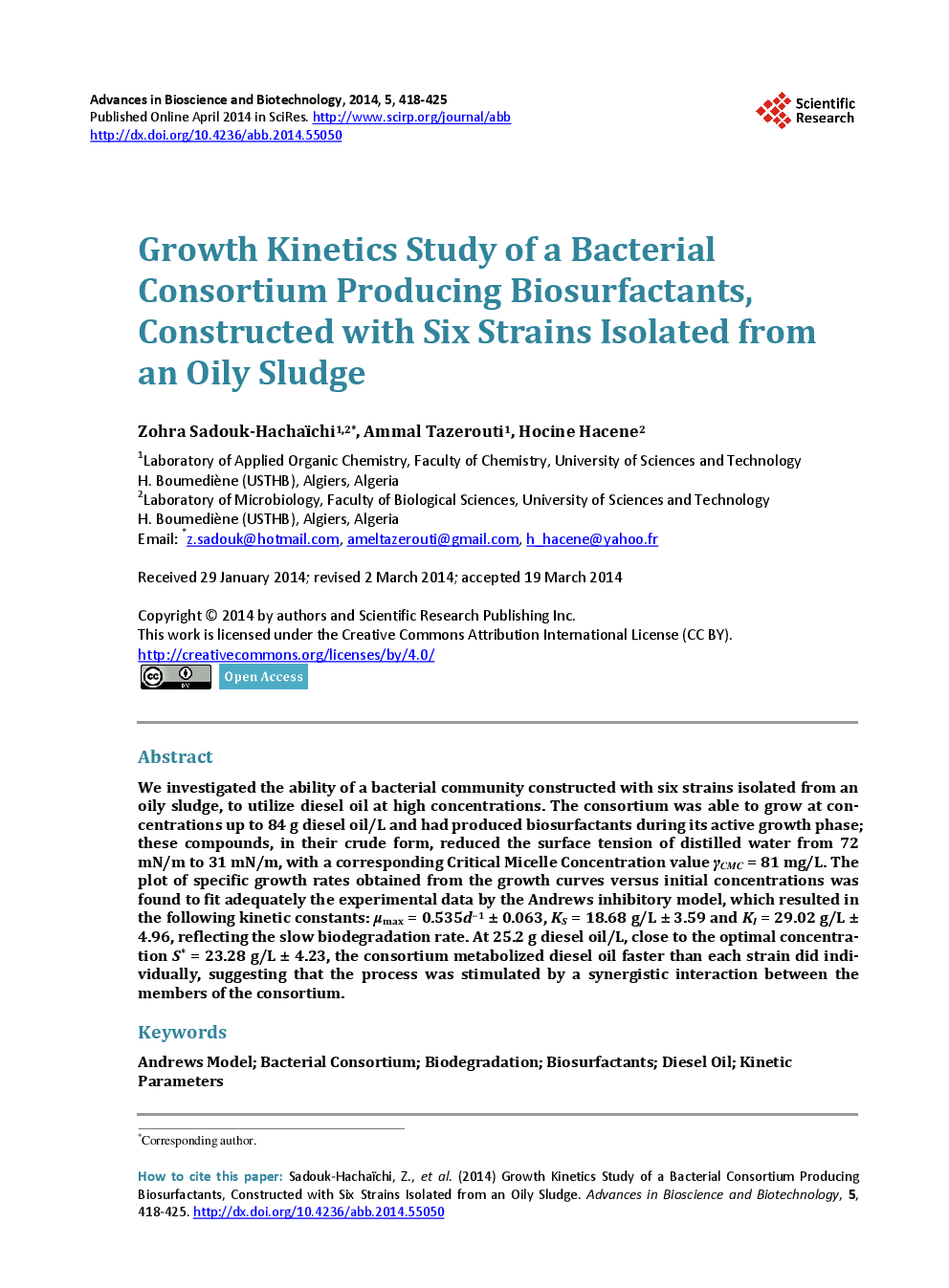 Growth Kinetics Study Of A Bacterial Consortium Producing Biosurfactants, Constructed With Six Strains Isolated From An Oily Sludge - Page 2