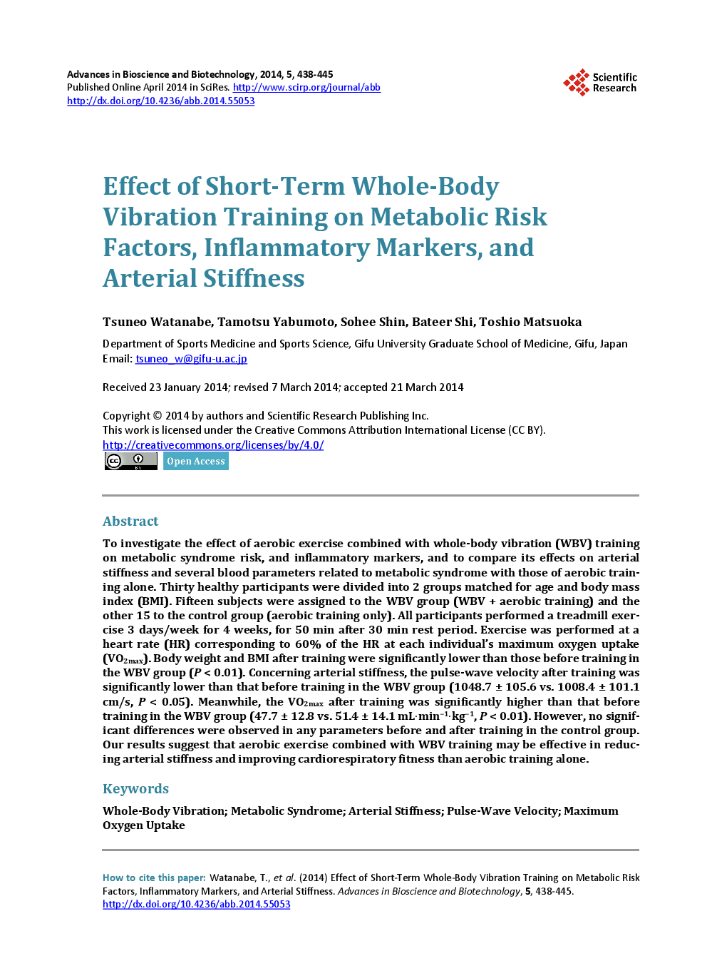 Effect Of Short-Term Whole-Body Vibration Training On Metabolic Risk Factors, Inflammatory Markers, And Arterial Stiffness - Page 2