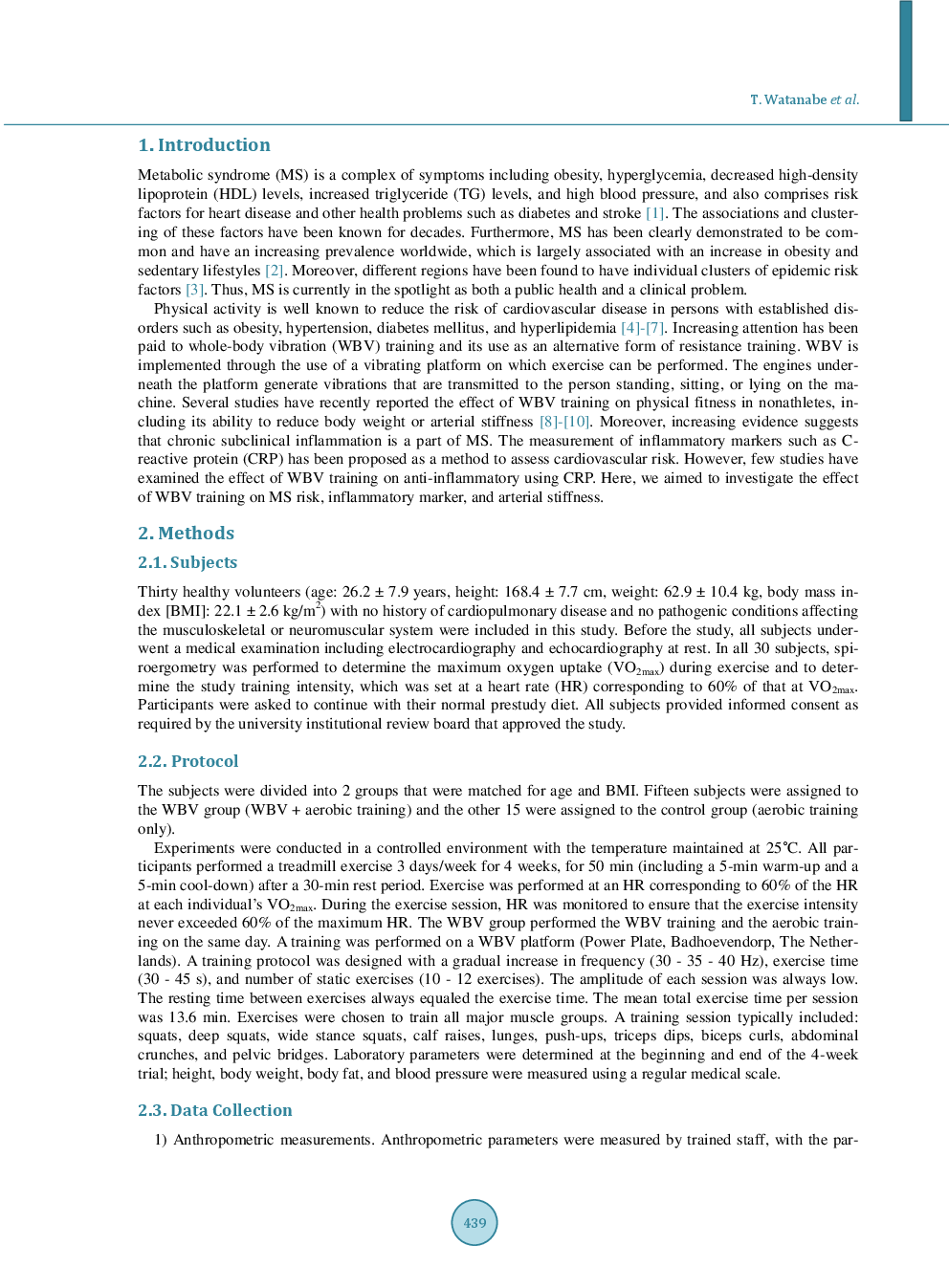 Effect Of Short-Term Whole-Body Vibration Training On Metabolic Risk Factors, Inflammatory Markers, And Arterial Stiffness - Page 3