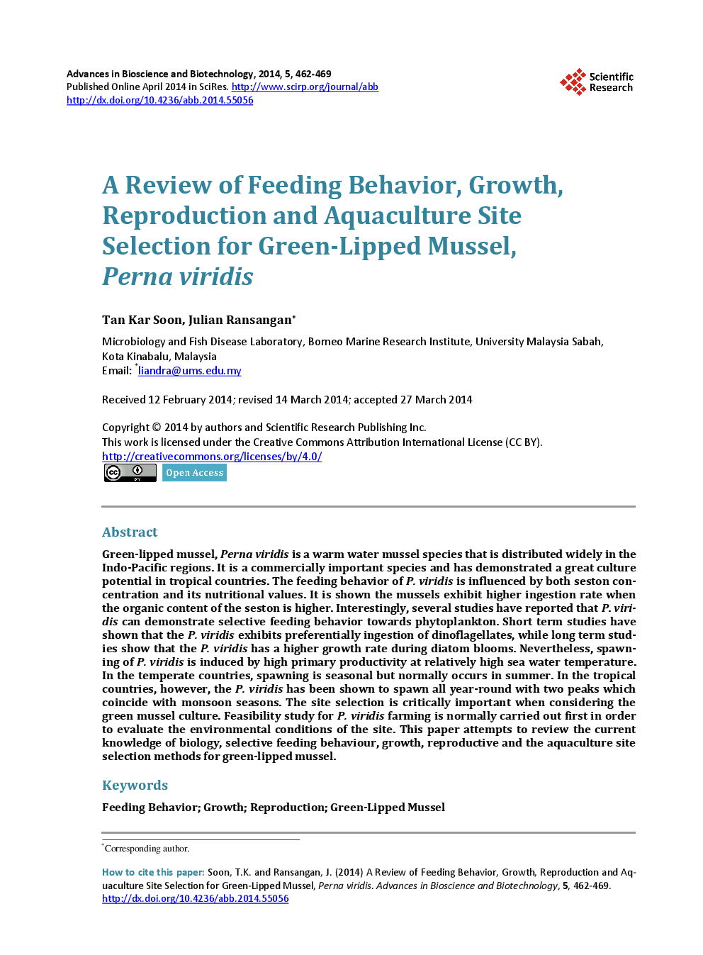 A Review Of Feeding Behavior, Growth, Reproduction And Aquaculture Site Selection For Green-Lipped Mussel, Perna Viridis - Page 2