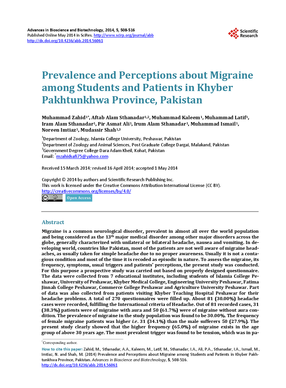 Prevalence And Perceptions About Migraine Among Students And Patients in Khyber Pakhtunkhwa Province, Pakistan - Page 2