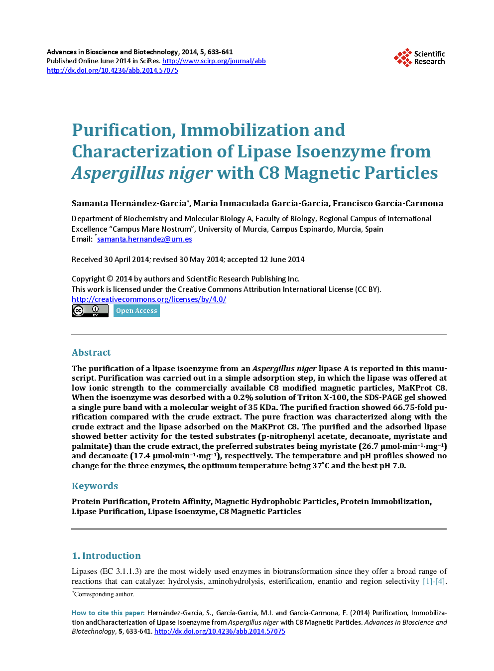 Purification, Immobilization And Characterization Of Lipase Isoenzyme From Aspergillus Niger With C8 Magnetic Particles - Page 2