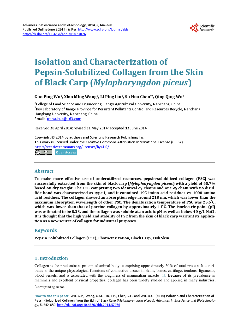 Isolation And Characterization Of Pepsin-Solubilized Collagen From The Skin Of Black Carp (Mylopharyngdon Piceus) - Page 2