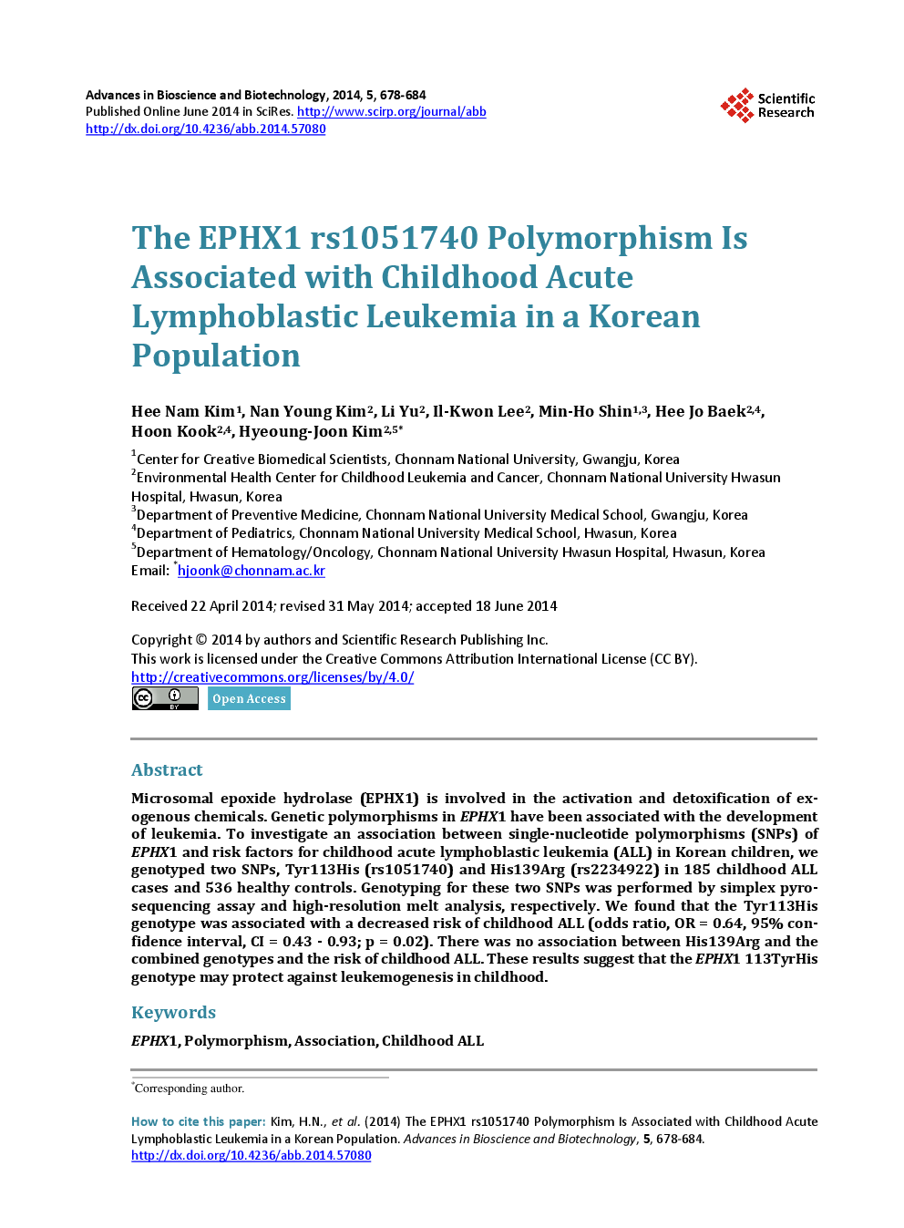 The EPHX1 rs1051740 Polymorphism Is Associated With Childhood Acute Lymphoblastic Leukemia In A Korean Population - Page 2