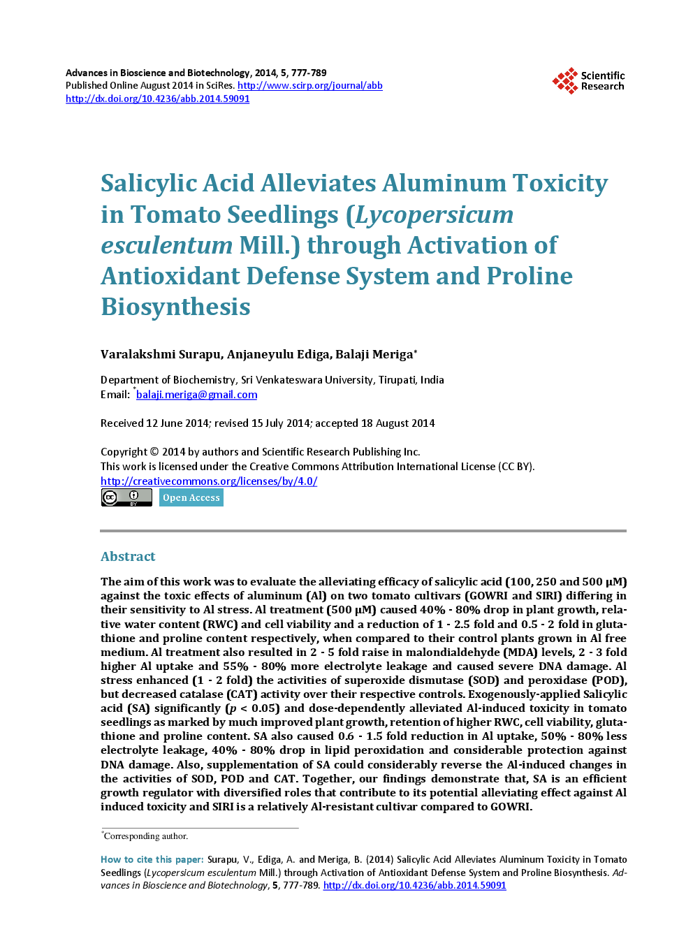 Salicylic Acid Alleviates Aluminum Toxicity In Tomato Seedlings (Lycopersicumesculentum Mill.) Through Activation Of Antioxidant Defense System And Proline Biosynthesis - Page 2