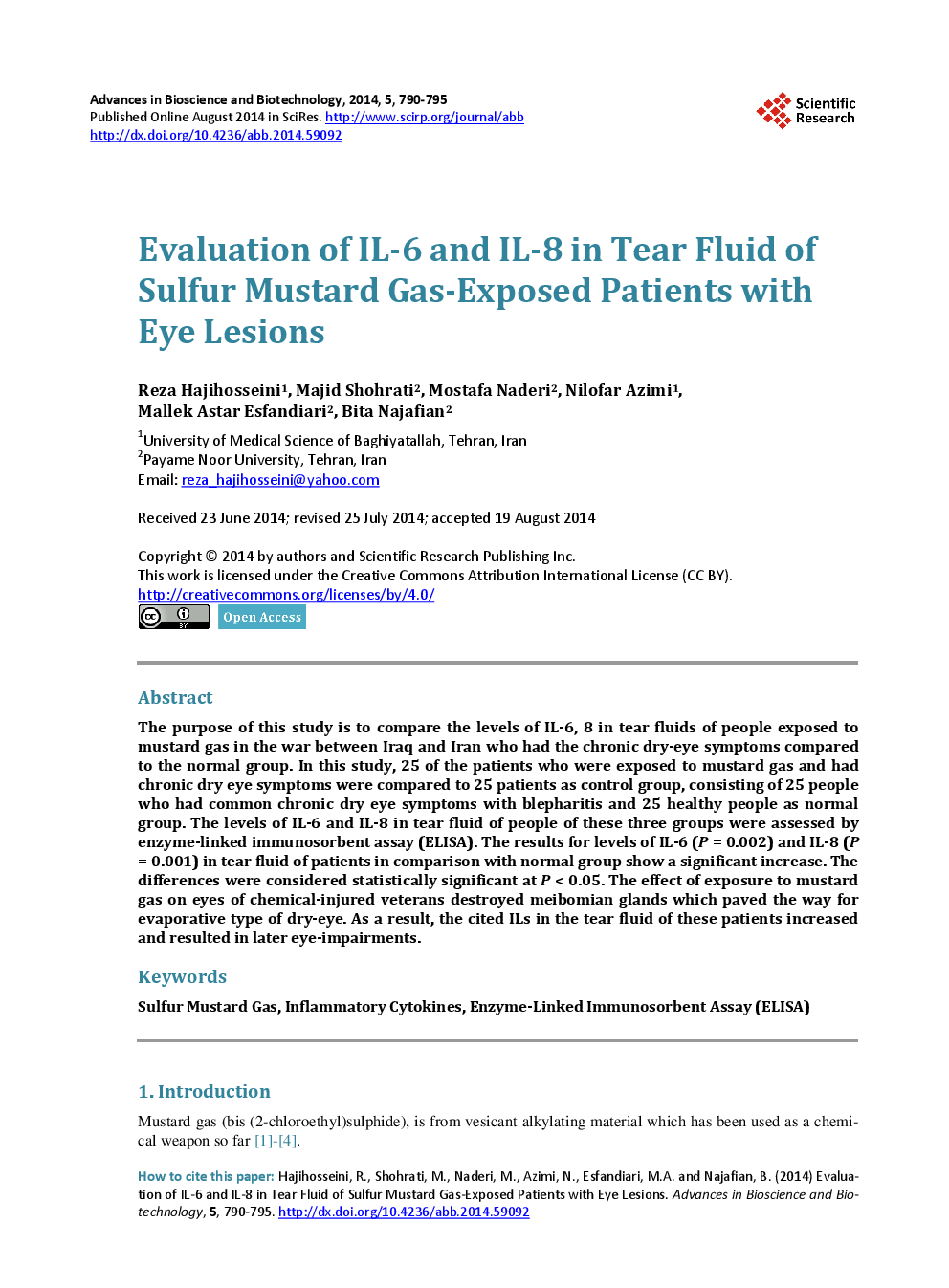 Evaluation Of IL-6 And IL-8 in Tear Fluid Of Sulfur Mustard Gas-Exposed Patients With Eye Lesions - Page 2