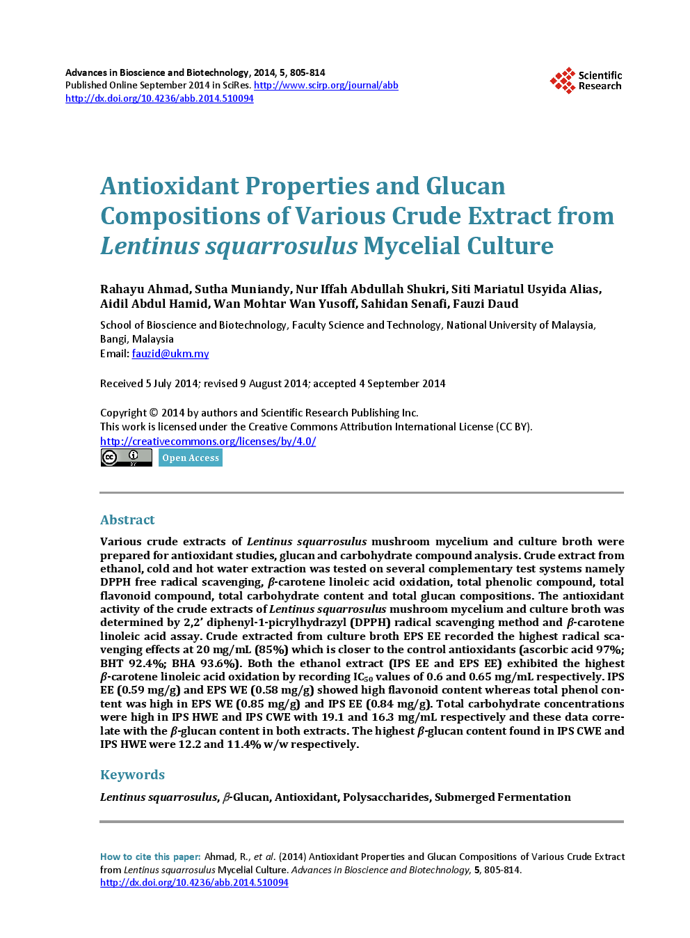 Antioxidant Properties And Glucan Compositions Of Various Crude Extract From Lentinus Squarrosulus Mycelial Cultureatment - Page 2