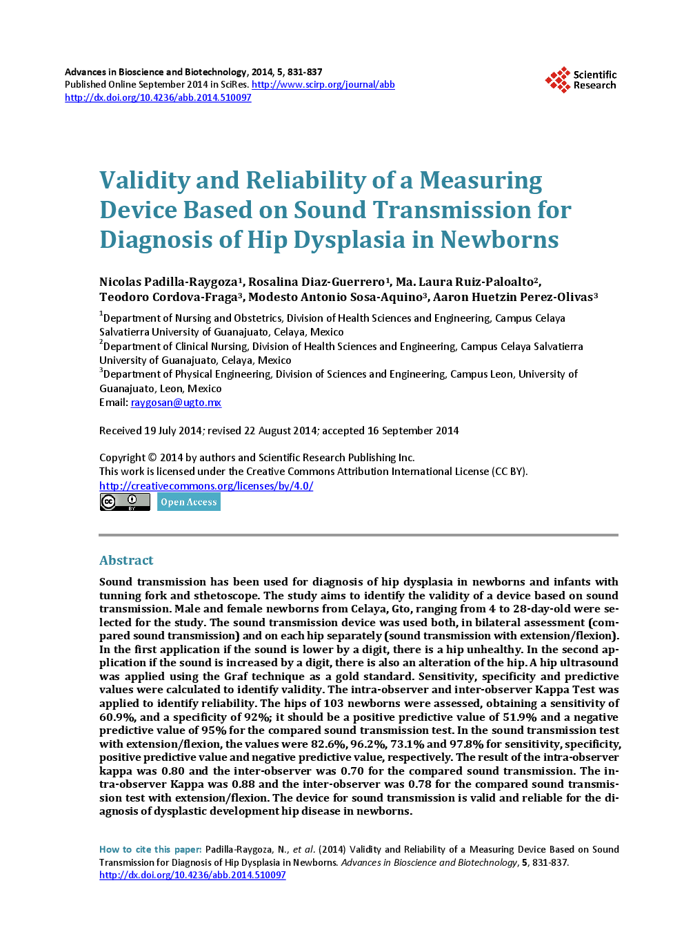 Validity And Reliability Of A Measuring Device Based On Sound Transmission For Diagnosis Of Hip Dysplasia In Newborns - Page 2