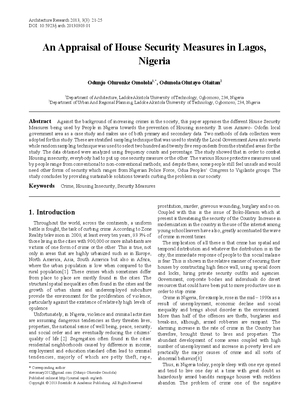 An Appraisal Of House Security Measures In Lagos, Nigeria - Page 2