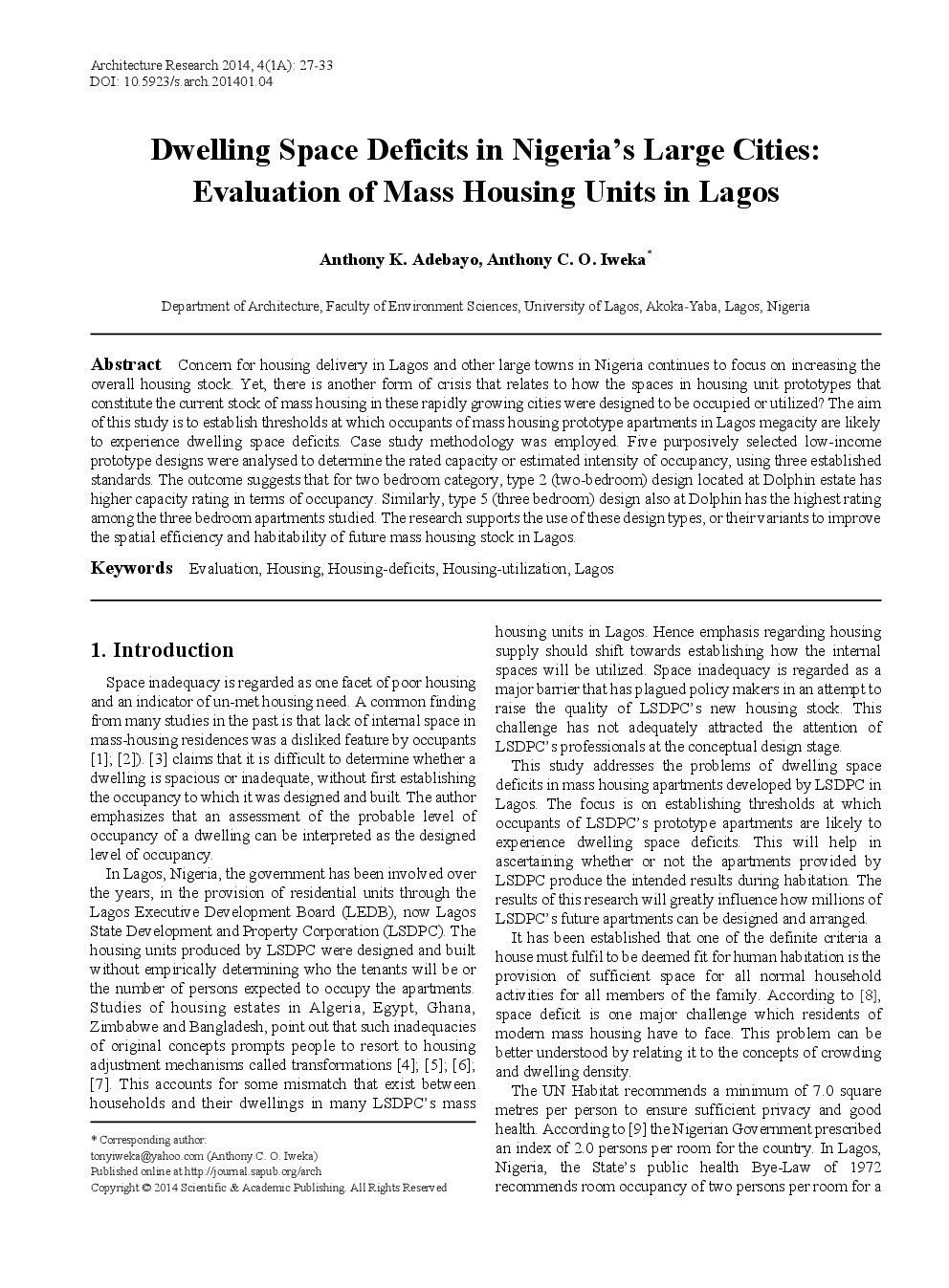 Dwelling Space Deficits In Nigeria’s Large Cities Evaluation Of Mass Housing Units In Lagos - Page 2