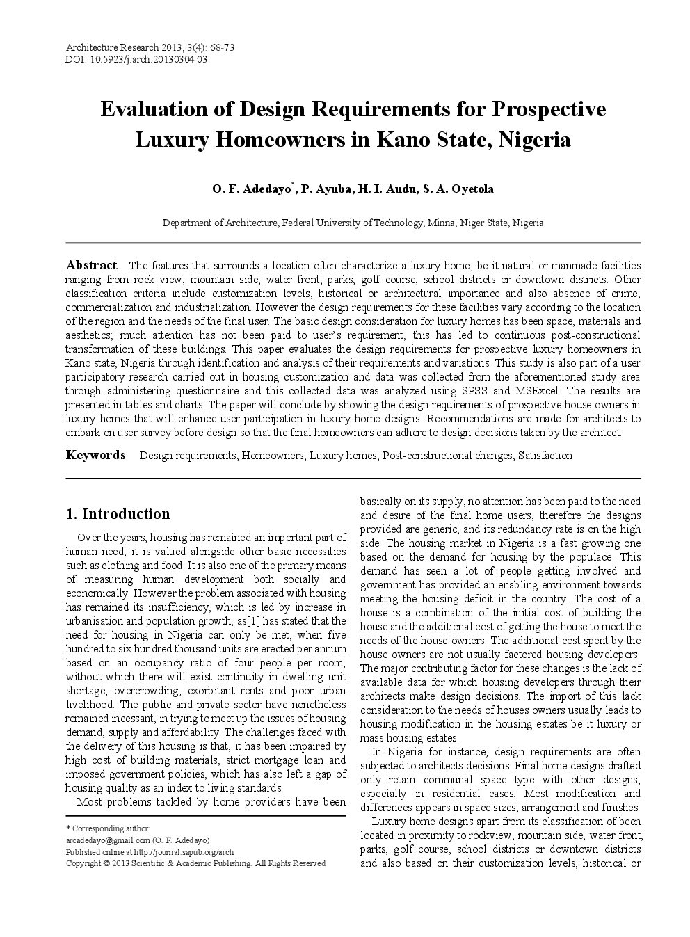 Evaluation Of Design Requirements For Prospective Luxury Homeowners In Kano State, Nigeria - Page 2