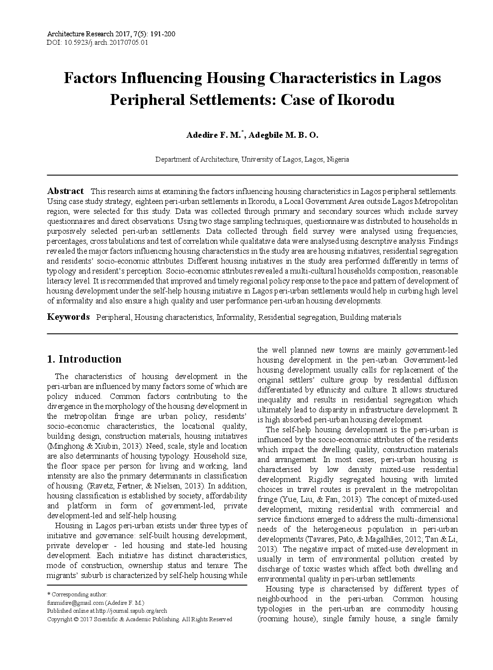Factors Influencing Housing Characteristics In Lagos Peripheral Settlements Case Of Ikorodu - Page 2