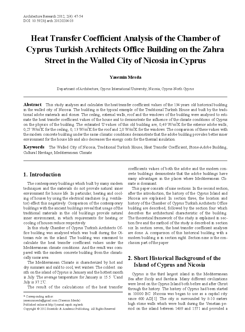 Heat Transfer Coefficient Analysis Of The Chamber Of Cyprus Turkish Architects Office Building On The Zahra Street In The Walled City Of Nicosia In Cyprus - Page 2