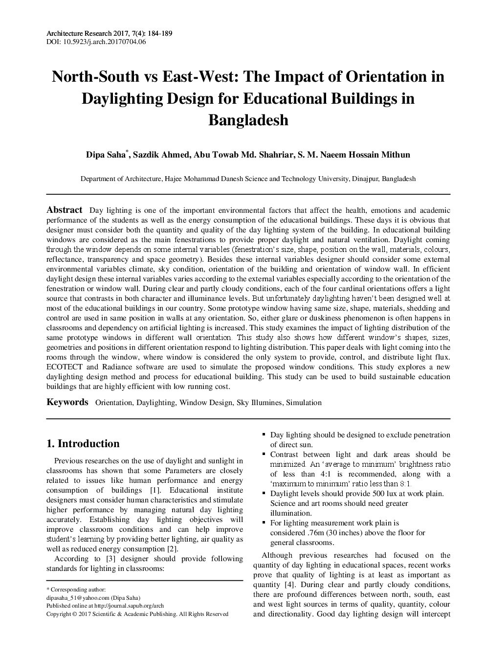 North-South vs East-West The Impact Of Orientation In Daylighting Design For Educational Buildings In Bangladesh - Page 2