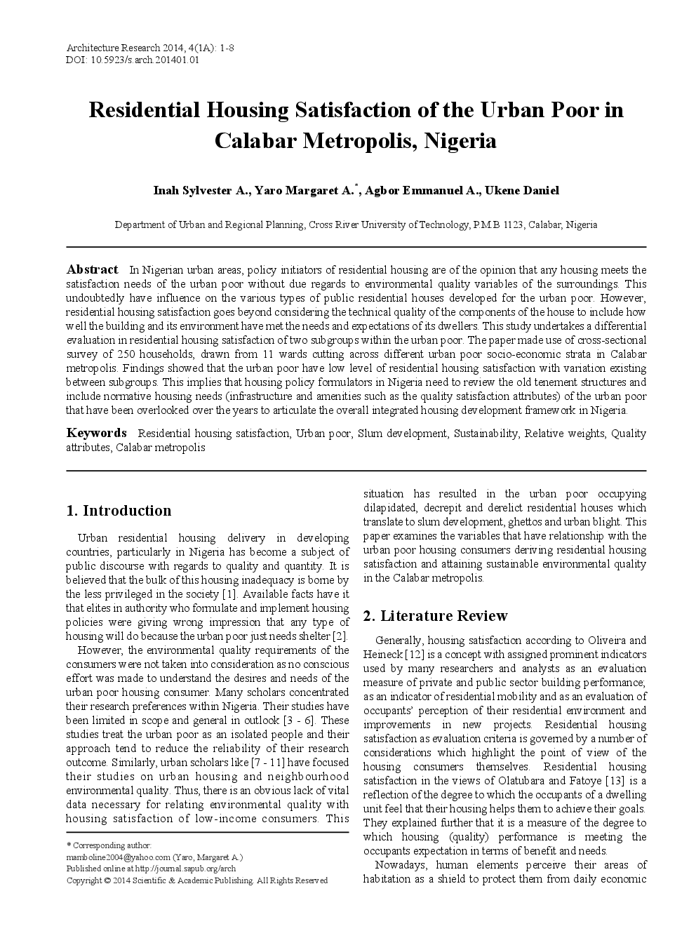 Residential Housing Satisfaction Of The Urban Poor In Calabar Metropolis, Nigeria - Page 2