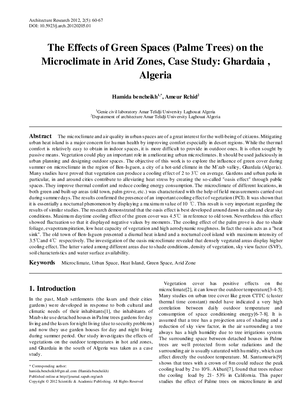 The Effects Of Green Spaces (Palme Trees) On The Microclimate In Arid Zones, Case Study Ghardaia , Algeria - Page 2