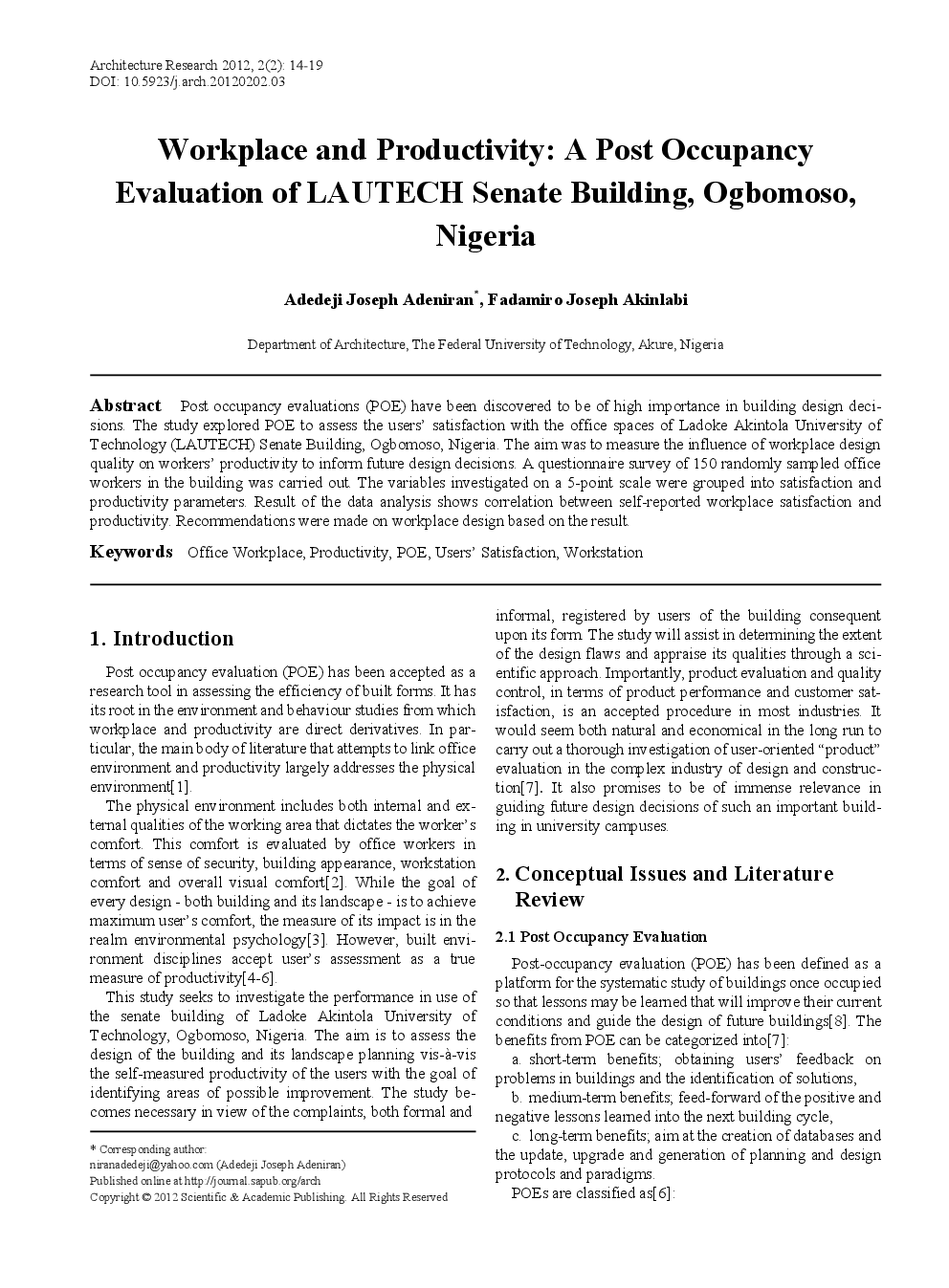 Workplace And Productivity A Post Occupancy Evaluation Of LAUTECH Senate Building, Ogbomoso, Nigeria - Page 2