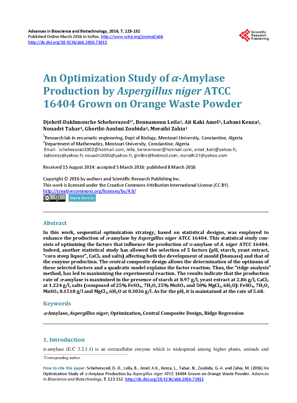 An Optimization Study Of α-Amylase Production By Aspergillus Niger ATCC 16404 Grown On Orange Waste Powder - Page 2
