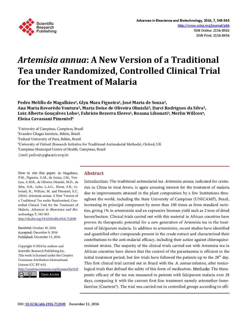 Artemisia Annua: A New Version Of A Traditional Tea Under Randomized, Controlled Clinical Trial For The Treatment Of Malaria - Page 2