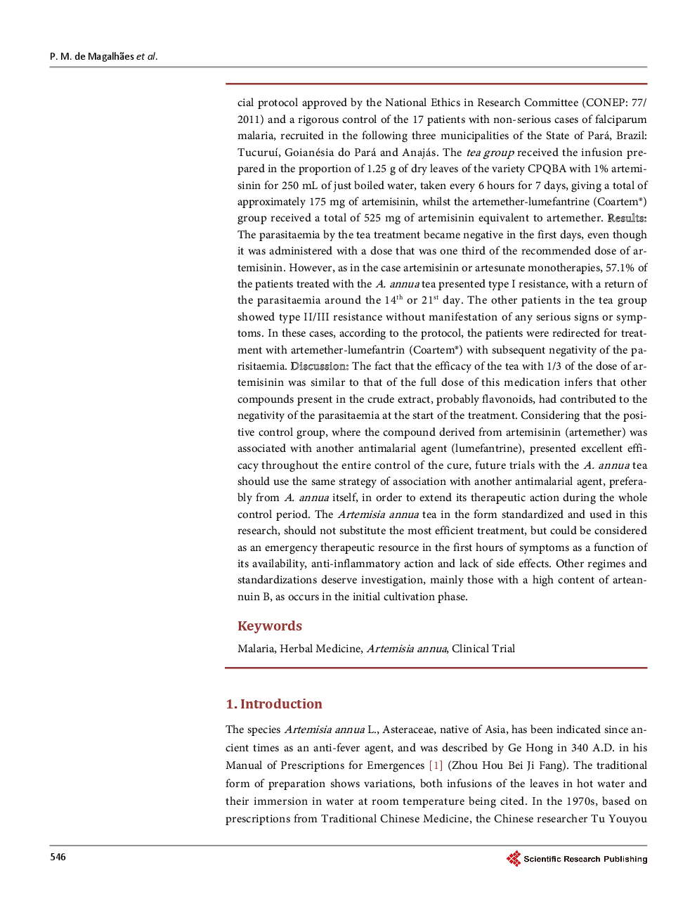 Artemisia Annua: A New Version Of A Traditional Tea Under Randomized, Controlled Clinical Trial For The Treatment Of Malaria - Page 3