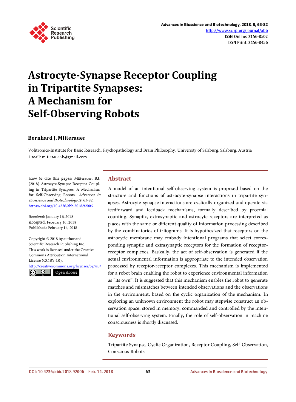 Astrocyte-Synapse Receptor Coupling In Tripartite Synapses: A Mechanism For Self-Observing Robots - Page 2