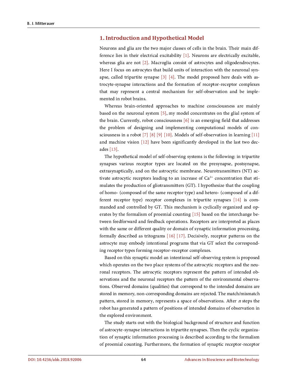 Astrocyte-Synapse Receptor Coupling In Tripartite Synapses: A Mechanism For Self-Observing Robots - Page 3