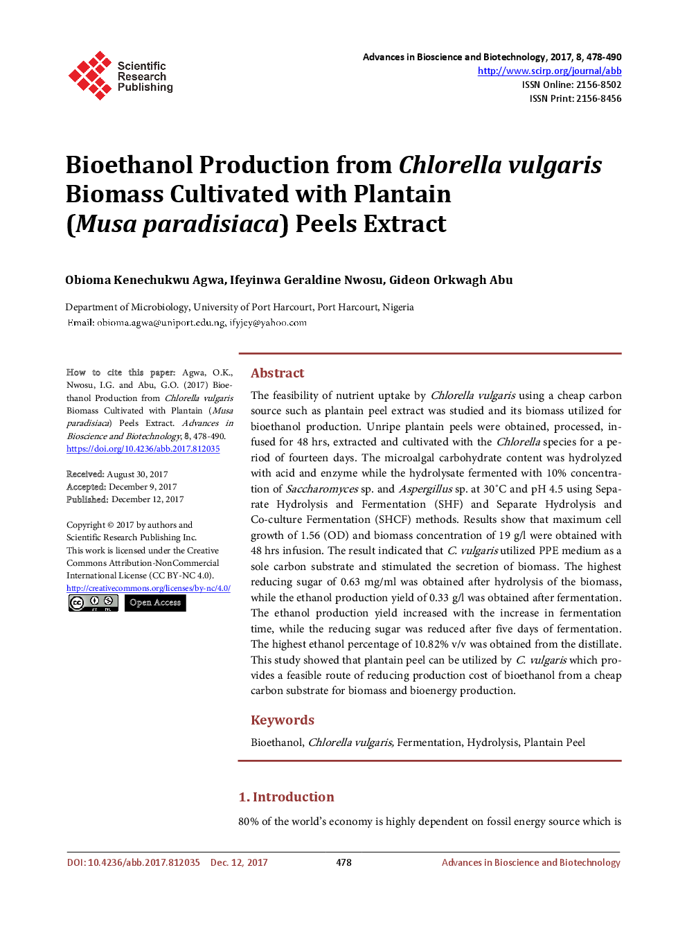 Bioethanol Production From Chlorella Vulgaris Biomass Cultivated With Plantain (Musa paradisiaca) Peels Extract - Page 2