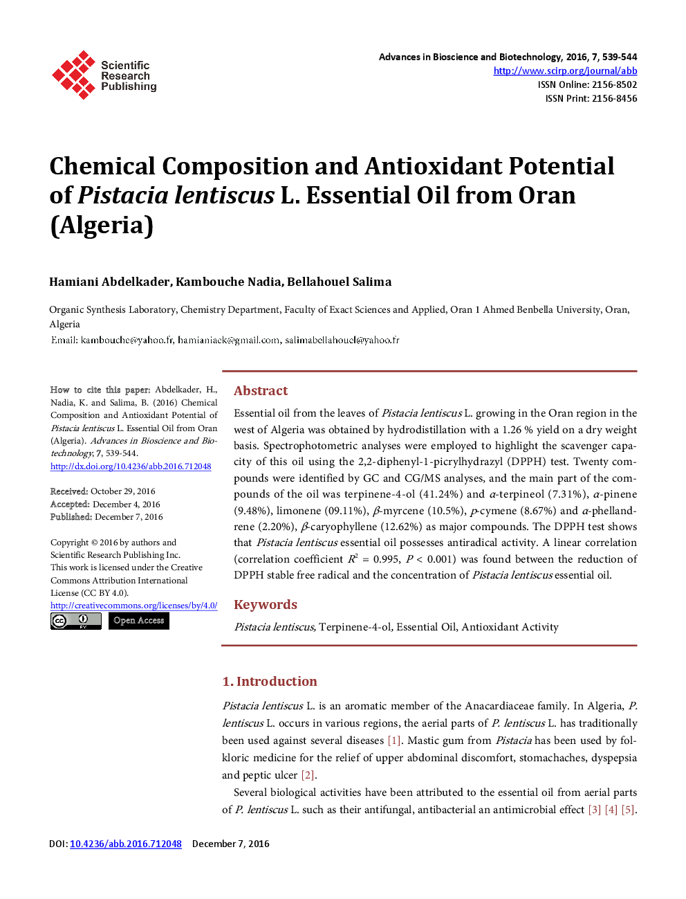 Chemical Composition And Antioxidant Potential Of Pistacia lentiscus L. Essential Oil From Oran (Algeria) - Page 2
