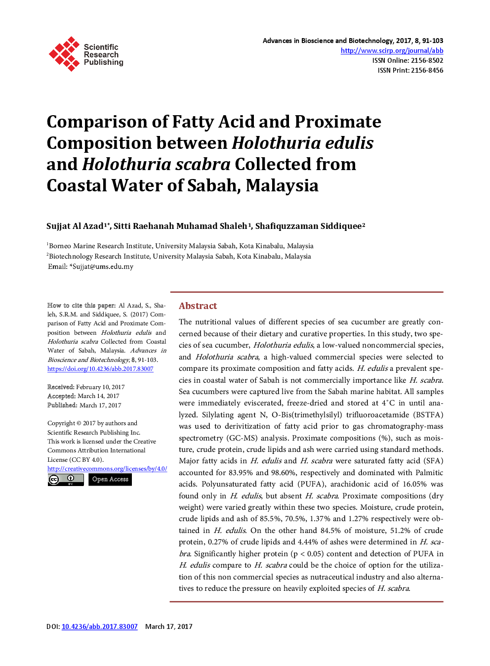Comparison Of Fatty Acid And Proximate Composition Between Holothuria Edulis And Holothuria Scabra Collected From Coastal Water Of Sabah, Malaysia - Page 2