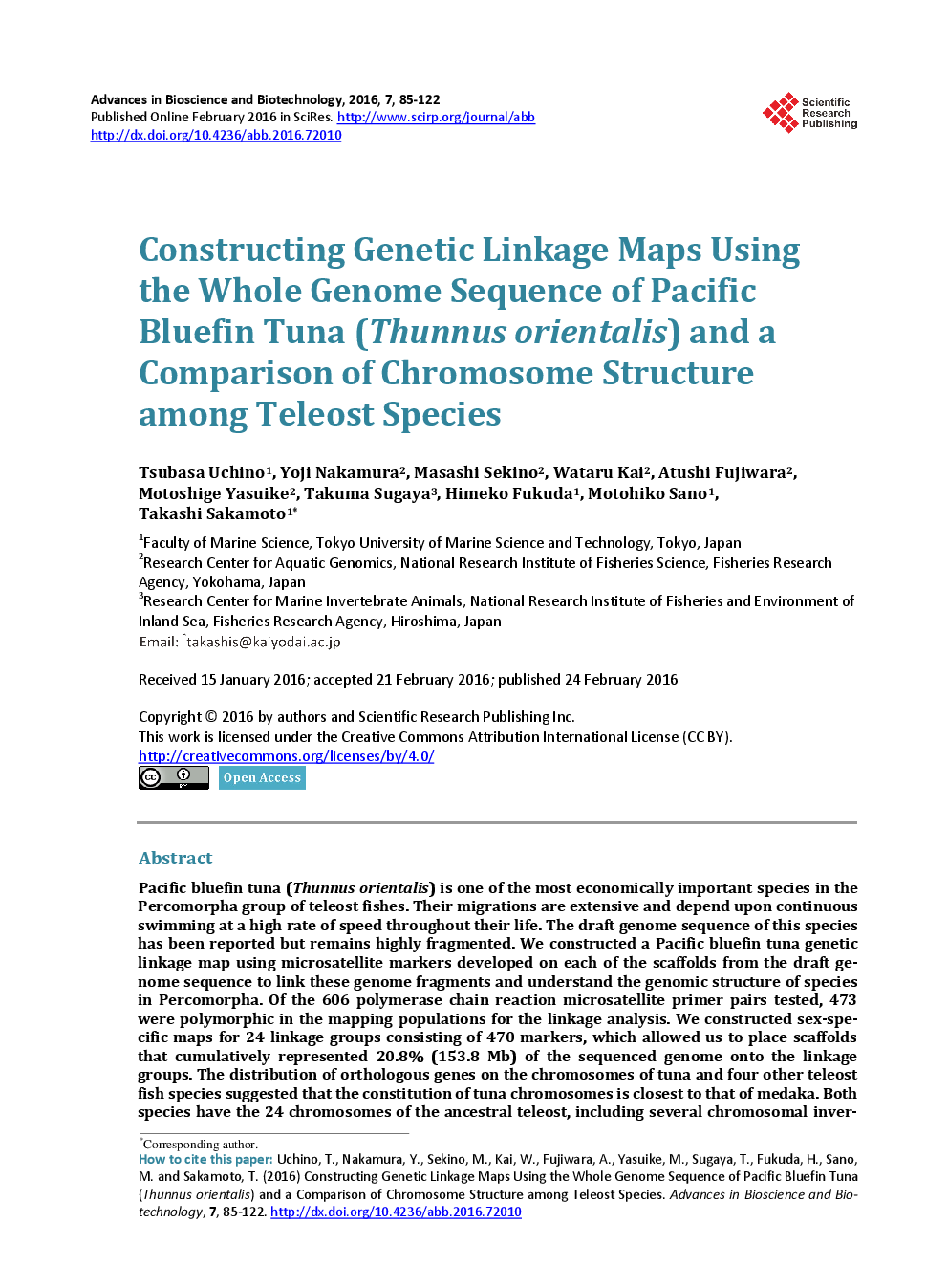 Constructing Genetic Linkage Maps Using the Whole Genome Sequence Of Pacific Bluefin Tuna (Thunnus Orientalis) And A Comparison of Chromosome Structure Among Teleost Species - Page 2
