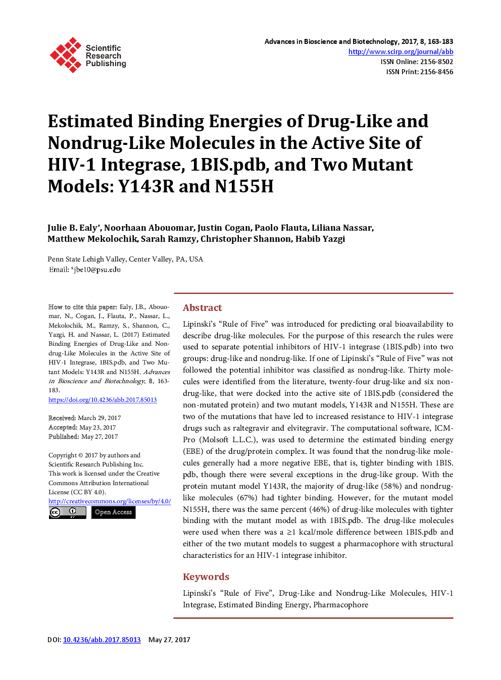 Estimated Binding Energies Of Drug-Like And Nondrug-Like Molecules In The Active Site Of HIV-1 Integrase, 1BIS.Pdb, And Two Mutant Models: Y143R And N155H - Page 2
