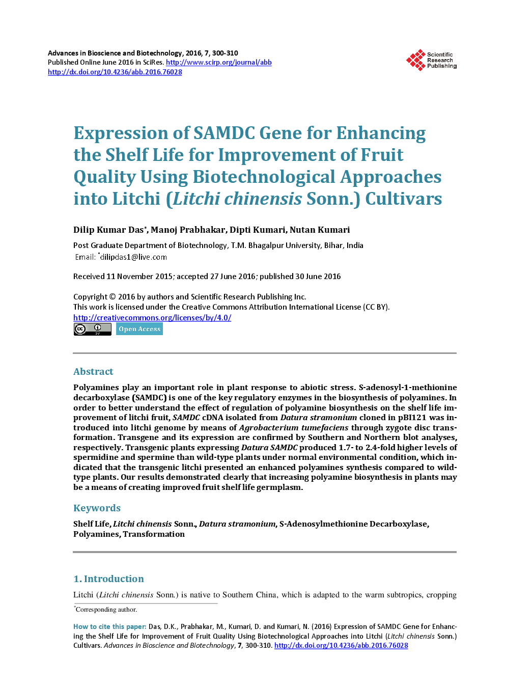 Expression Of SAMDC Gene For Enhancing The Shelf Life For Improvement Of Fruit Quality Using Biotechnological Approaches Into Litchi (Litchi Chinensis Sonn.) Cultivars - Page 2
