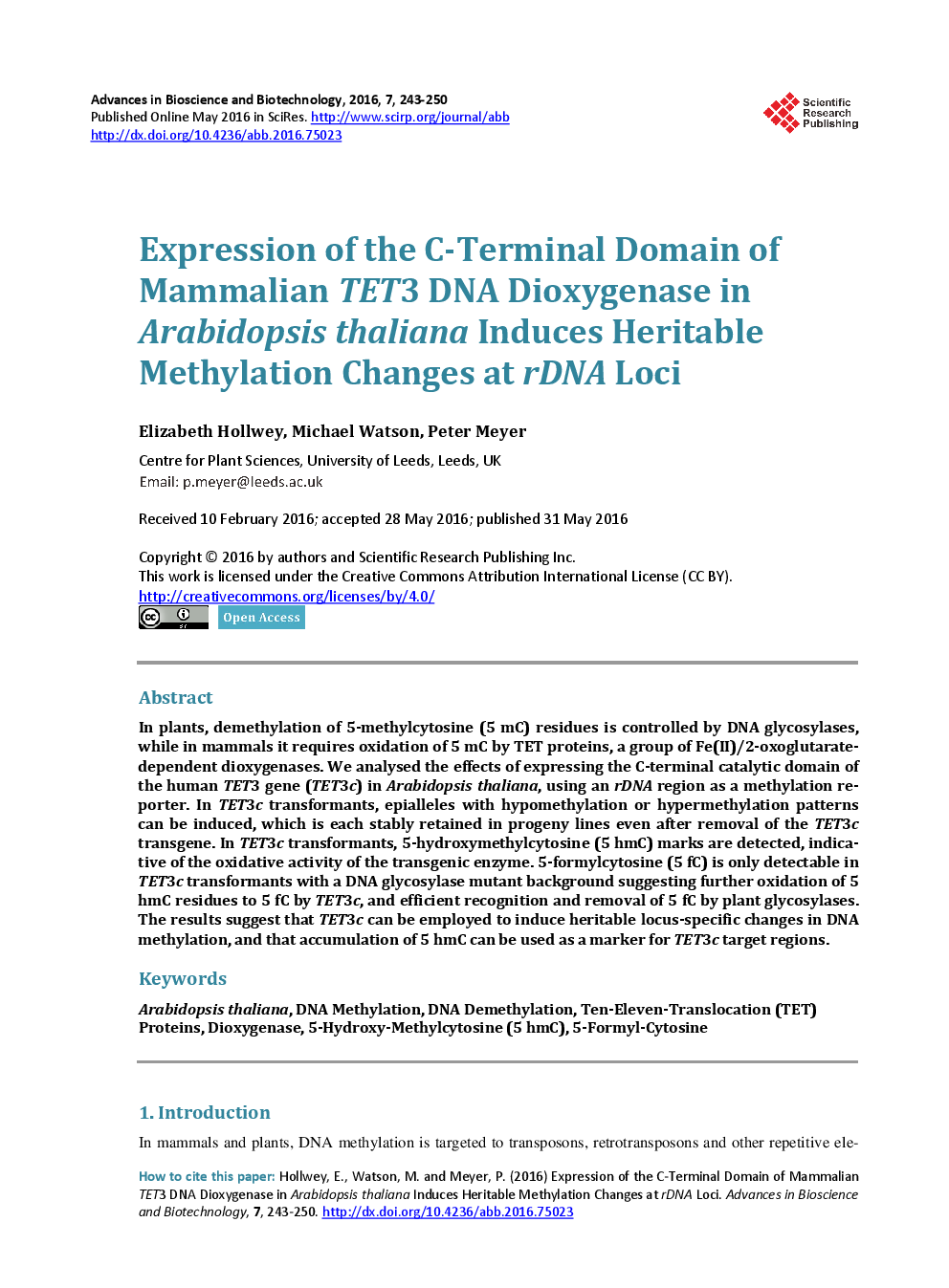 Expression Of The C-Terminal Domain Of Mammalian TET3 DNA Dioxygenase In Arabidopsis Thaliana Induces Heritable Methylation Changes At rDNA Loci - Page 2