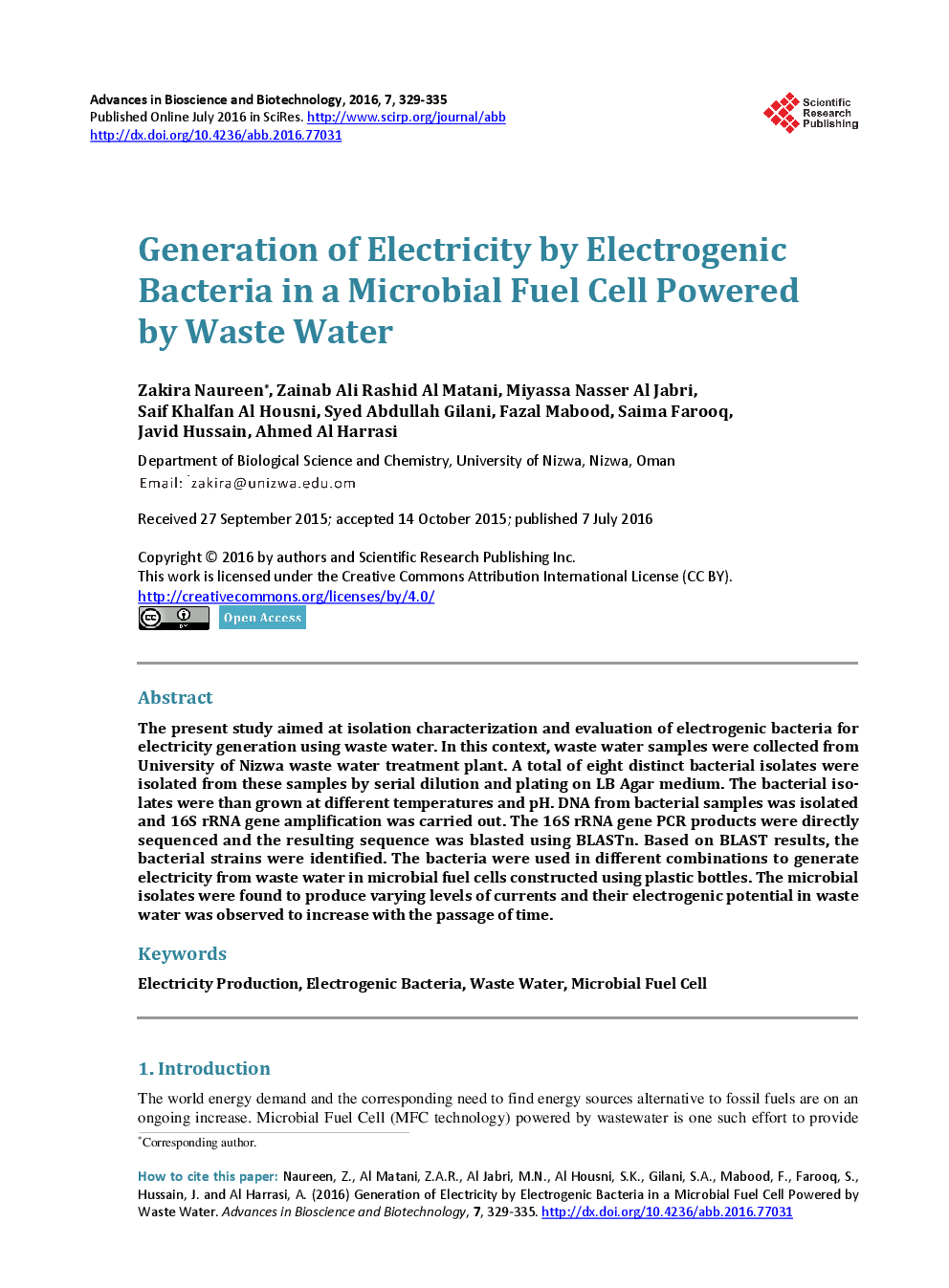 Generation Of Electricity By Electrogenic Bacteria In A Microbial Fuel Cell Powered By Waste Water - Page 2