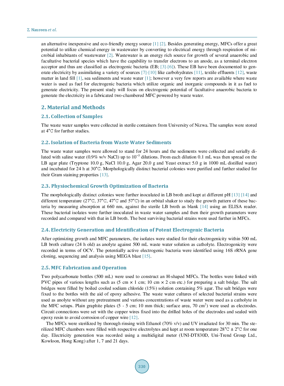 Generation Of Electricity By Electrogenic Bacteria In A Microbial Fuel Cell Powered By Waste Water - Page 3
