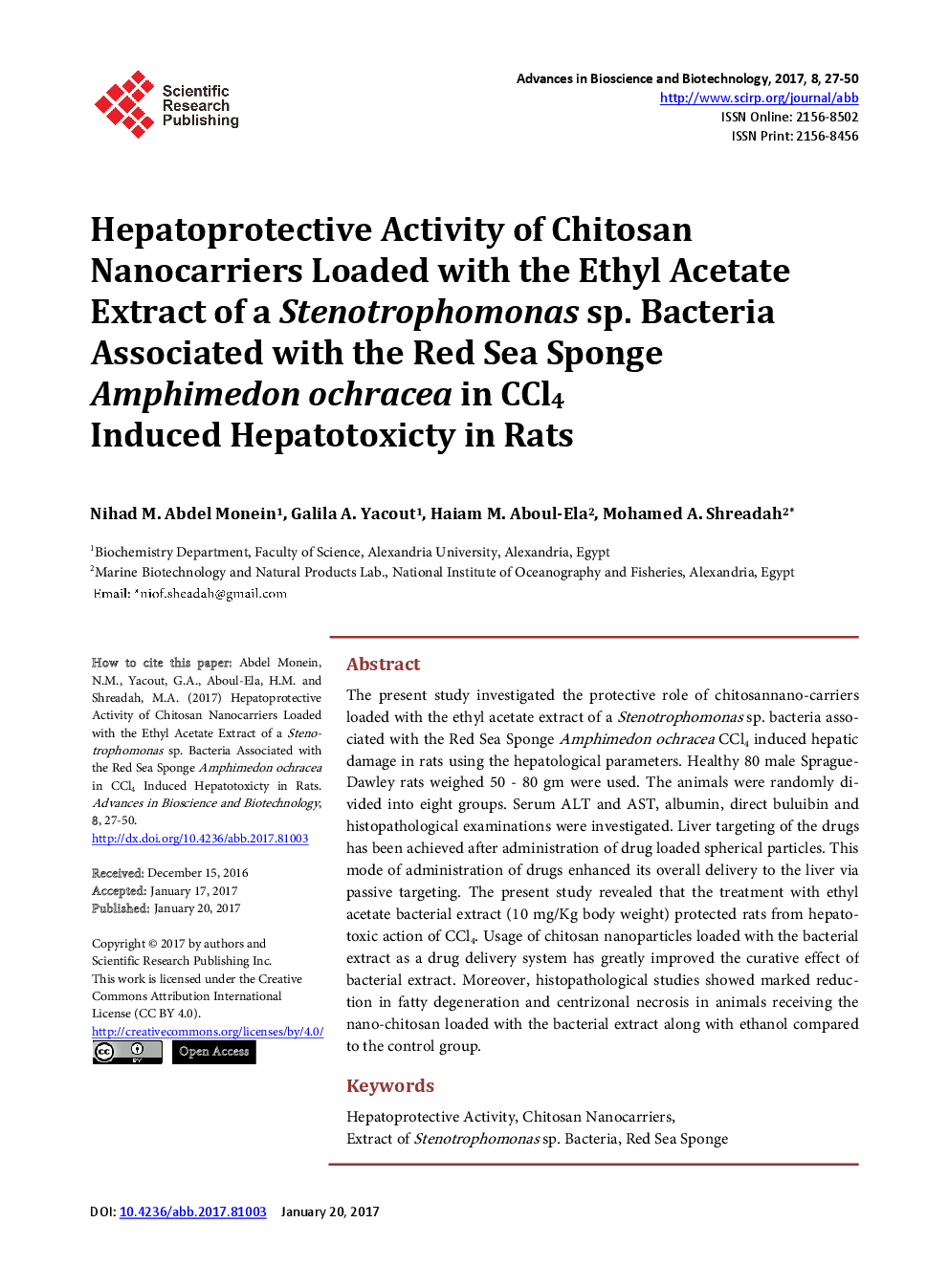Hepatoprotective Activity Of Chitosan Nanocarriers Loaded With The Ethyl Acetate Extract Of A Stenotrophomonas Sp. Bacteria Associated With The Red Sea Sponge Amphimedon Ochracea In CCl4 Induced Hepatotoxicty In Rats - Page 2