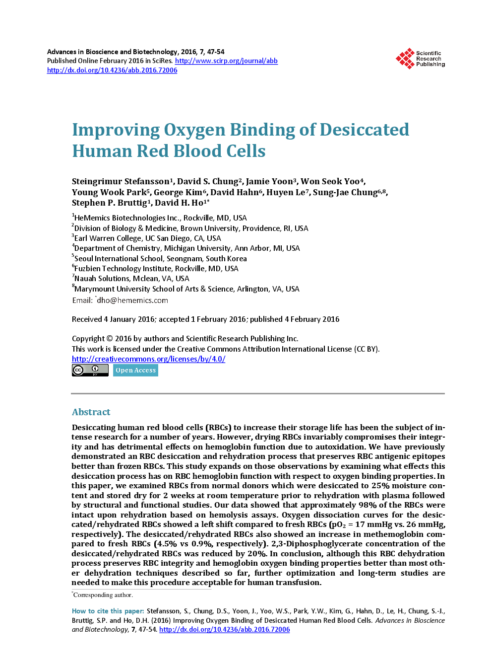 Improving Oxygen Binding Of Desiccated Human Red Blood Cells - Page 2