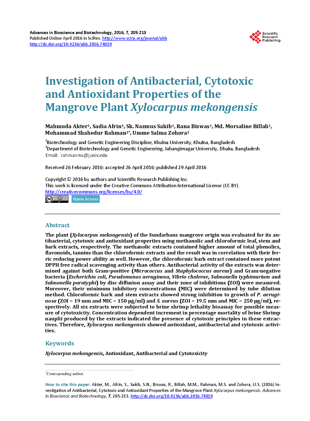 Investigation Of Antibacterial, Cytotoxic And Antioxidant Properties Of The Mangrove Plant Xylocarpus Mekongensis - Page 2