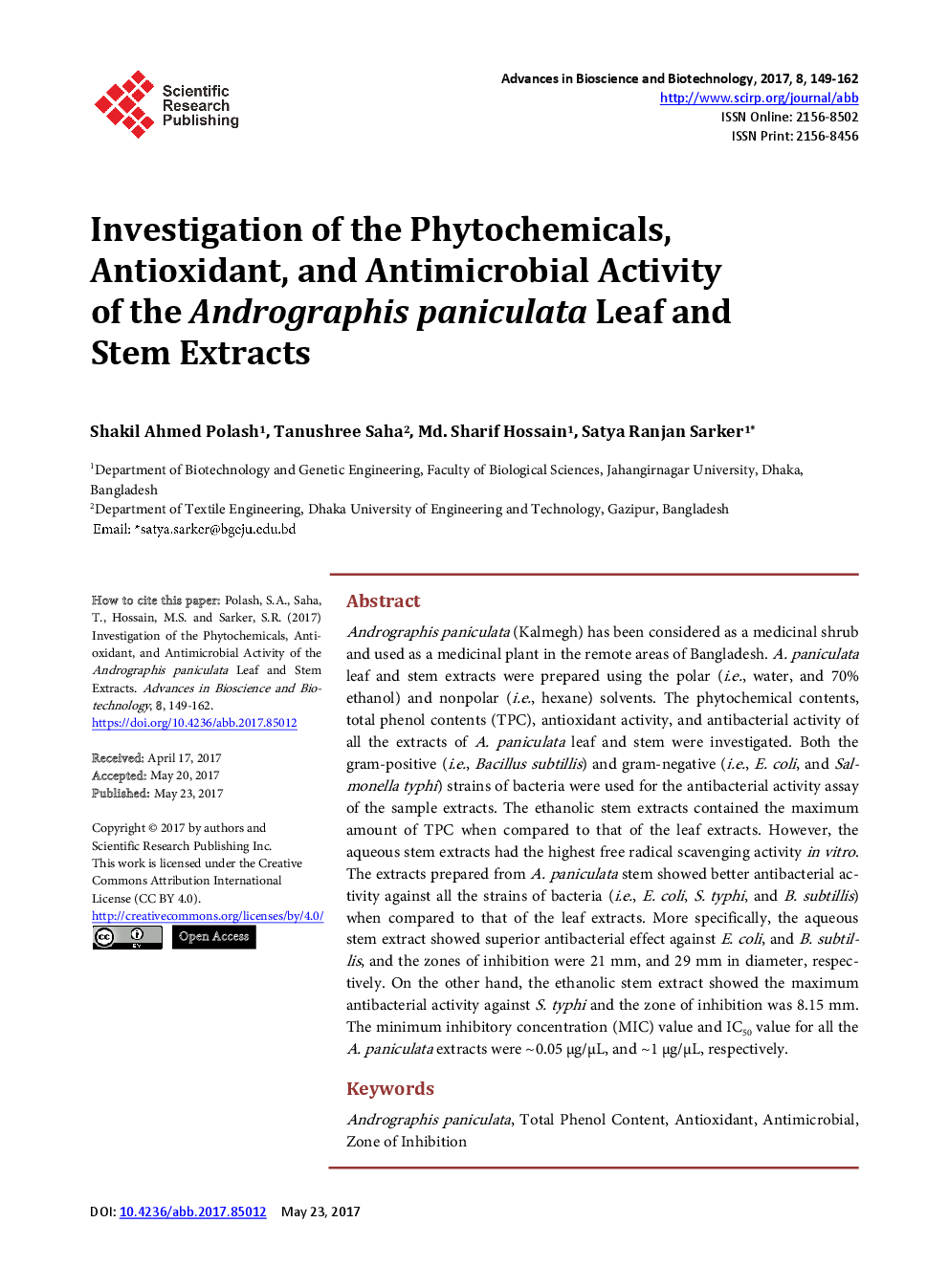 Investigation Of The Phytochemicals, Antioxidant, And Antimicrobial Activity Of The Andrographis Paniculata Leaf And Stem Extracts - Page 2