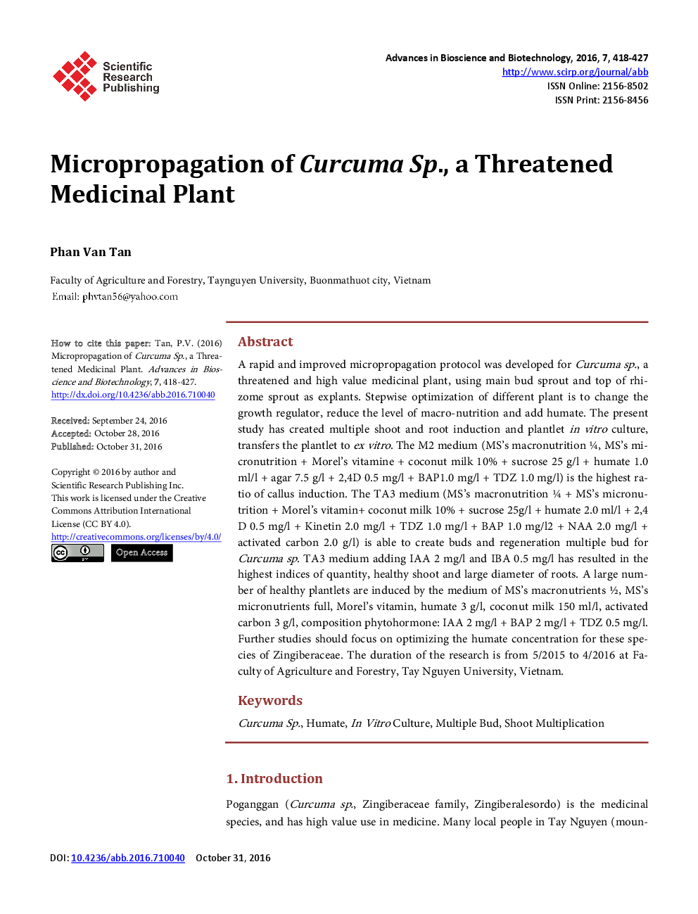 Micropropagation Of Curcuma Sp., A Threatened Medicinal Plant - Page 2