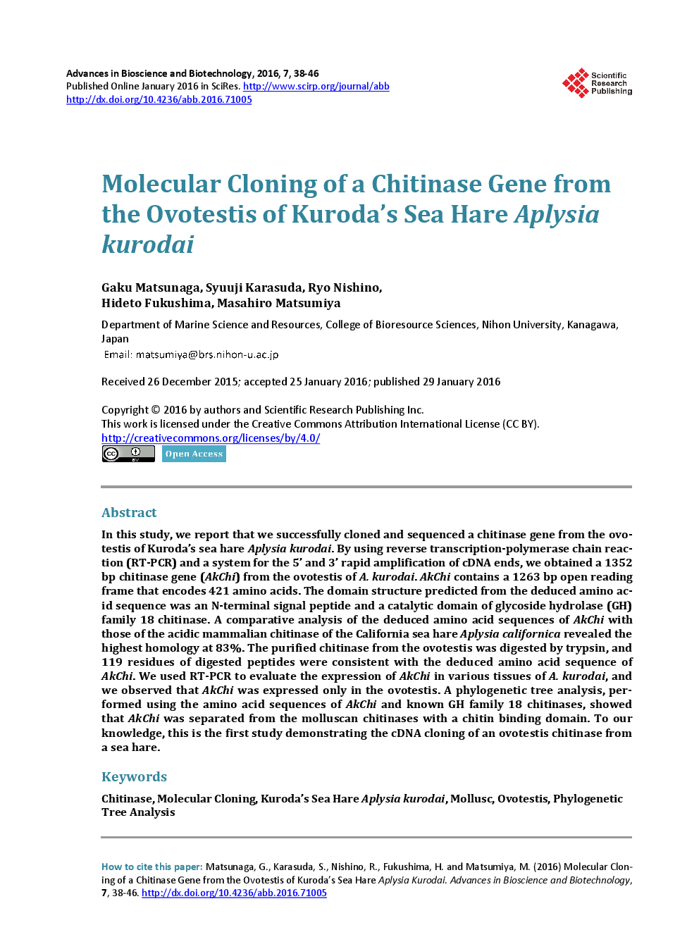 Molecular Cloning Of A Chitinase Gene From The Ovotestis Of Kuroda’s Sea Hare Aplysia Kurodai - Page 2
