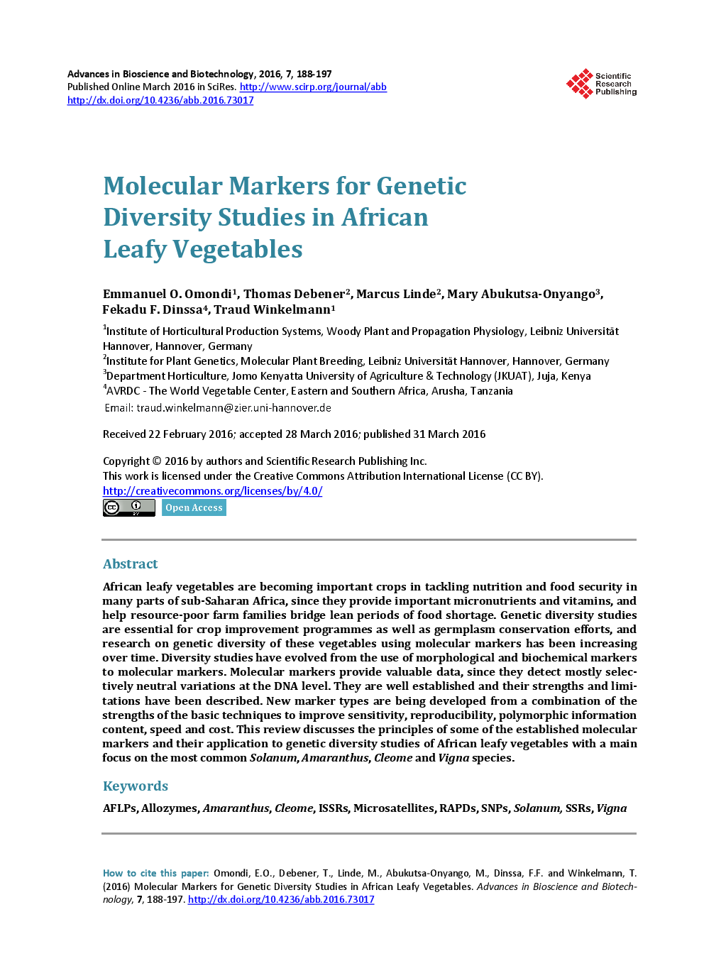 Molecular Markers For Genetic Diversity Studies In African Leafy Vegetables - Page 2