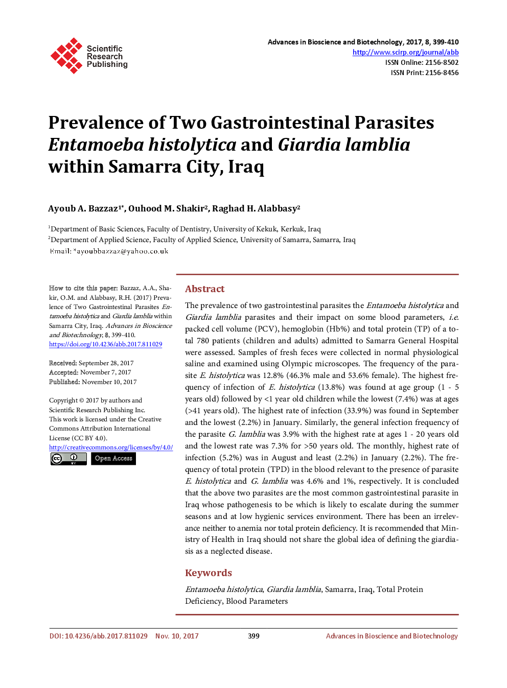 Prevalence Of Two Gastrointestinal Parasites Entamoeba Histolytica And Giardia lamblia Within Samarra City, Iraq - Page 2